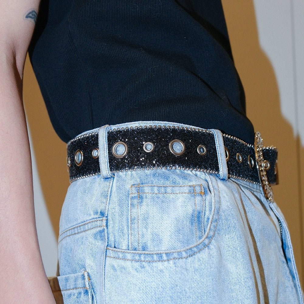 BLACK GLITTER RHINESTONE BELT