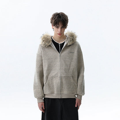 STRIPED FUR HOODED ZIP-UP