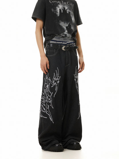 FIRE PATTERN EMBROIDERY BAGGY DENIM