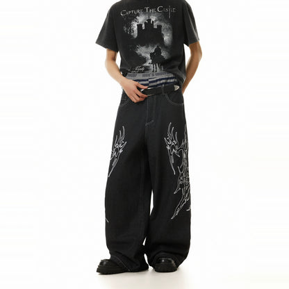 FIRE PATTERN EMBROIDERY BAGGY DENIM