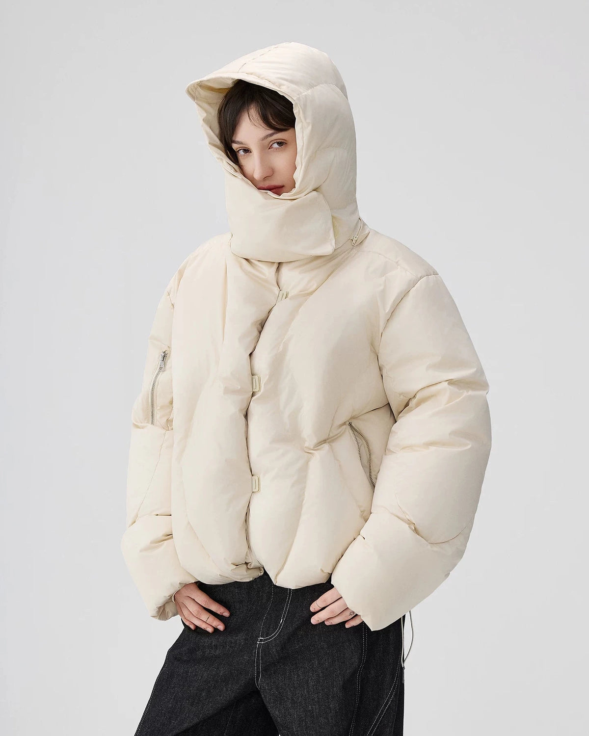 SCARF COLLAR CROPPED PUFFER JACKET