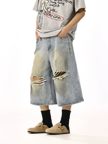 WASHED DAMAGE DENIM SHORTS