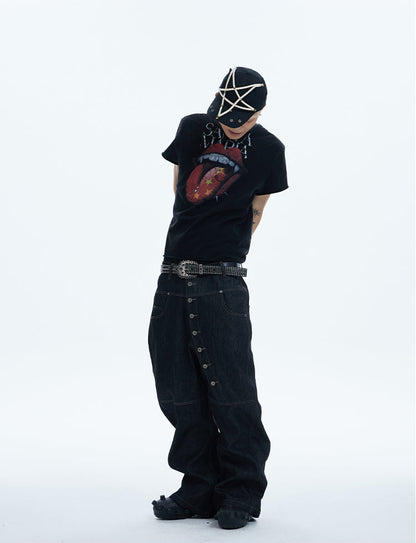ASYMMETRIC BUTTON BAGGY DENIM