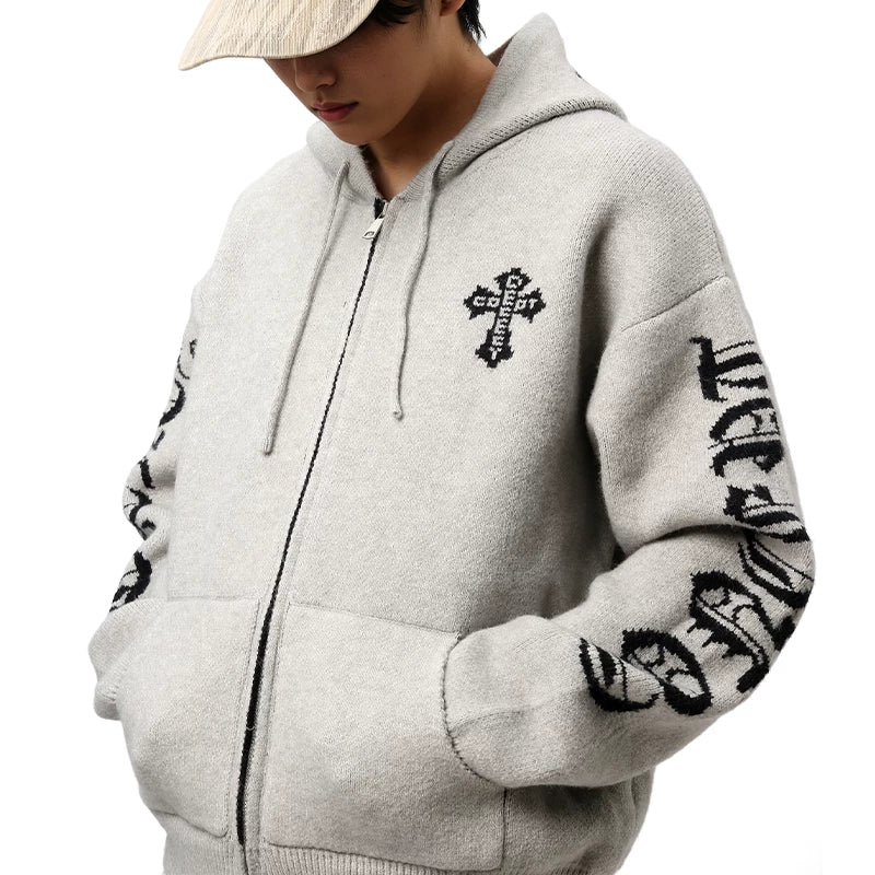 CROSS EMBROIDERY KNIT HOODIE