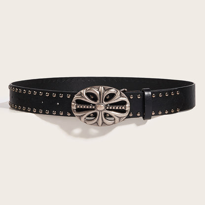 OVAL CROSS EMBOSSED BUCKLE STUD BELT