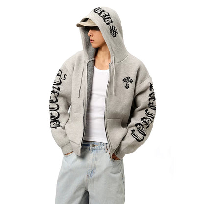 CROSS EMBROIDERY KNIT HOODIE